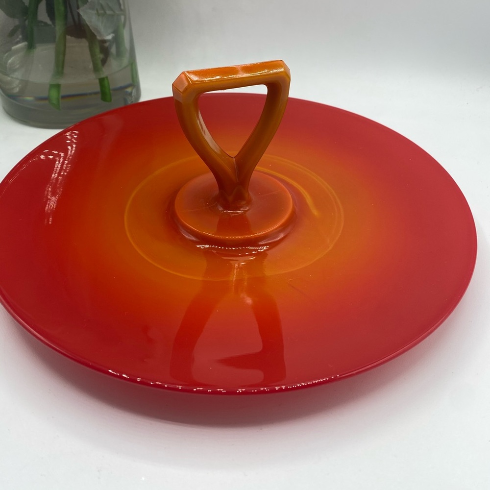 Vintage Faded Orange Amberina Tidbit Sandwich Serving Tray With Handle Holidays